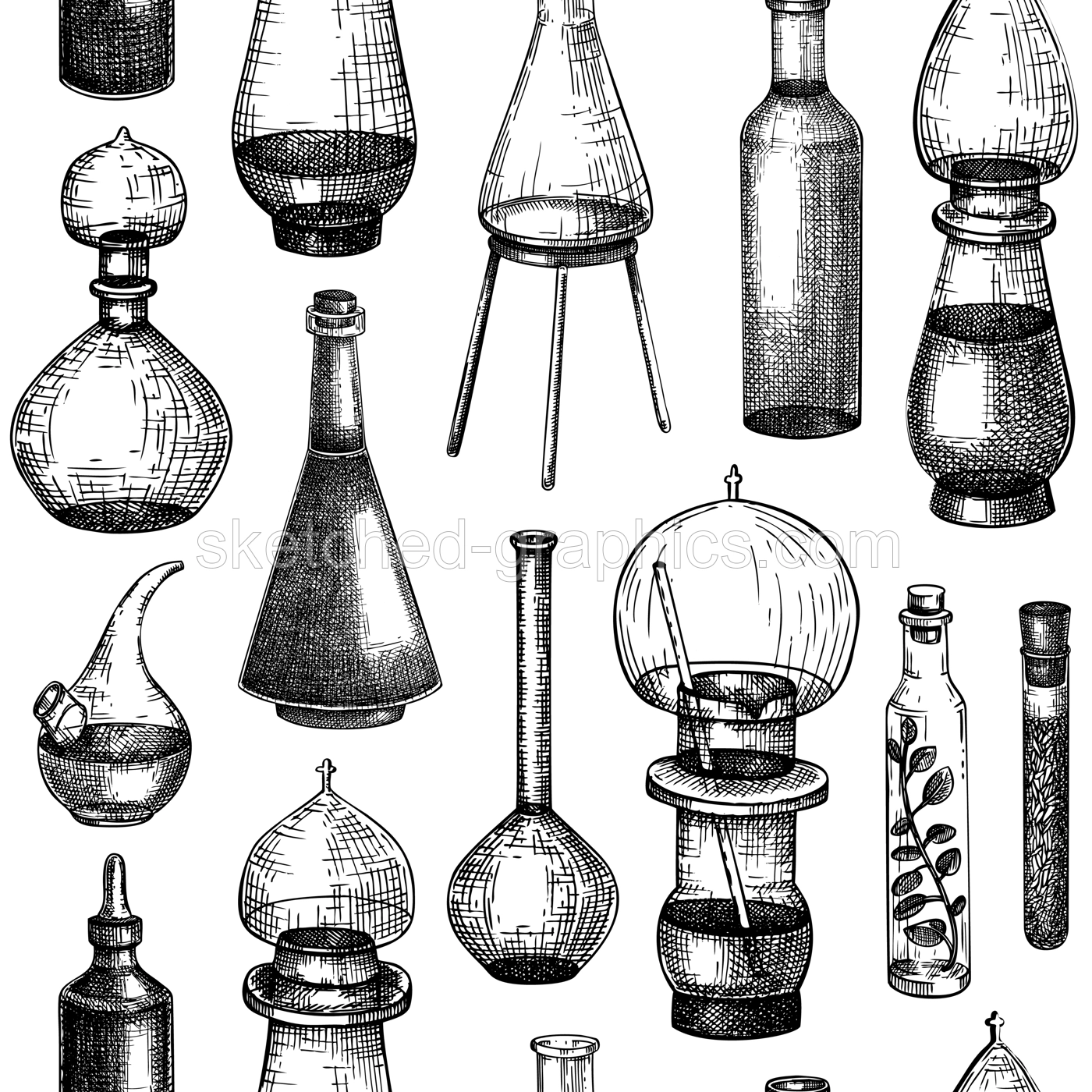 Antique apothecary glassware background. Alchemy bottles seamless pattern. Perfume bottles, vintage jars sketches. NOT AI generated Illustration